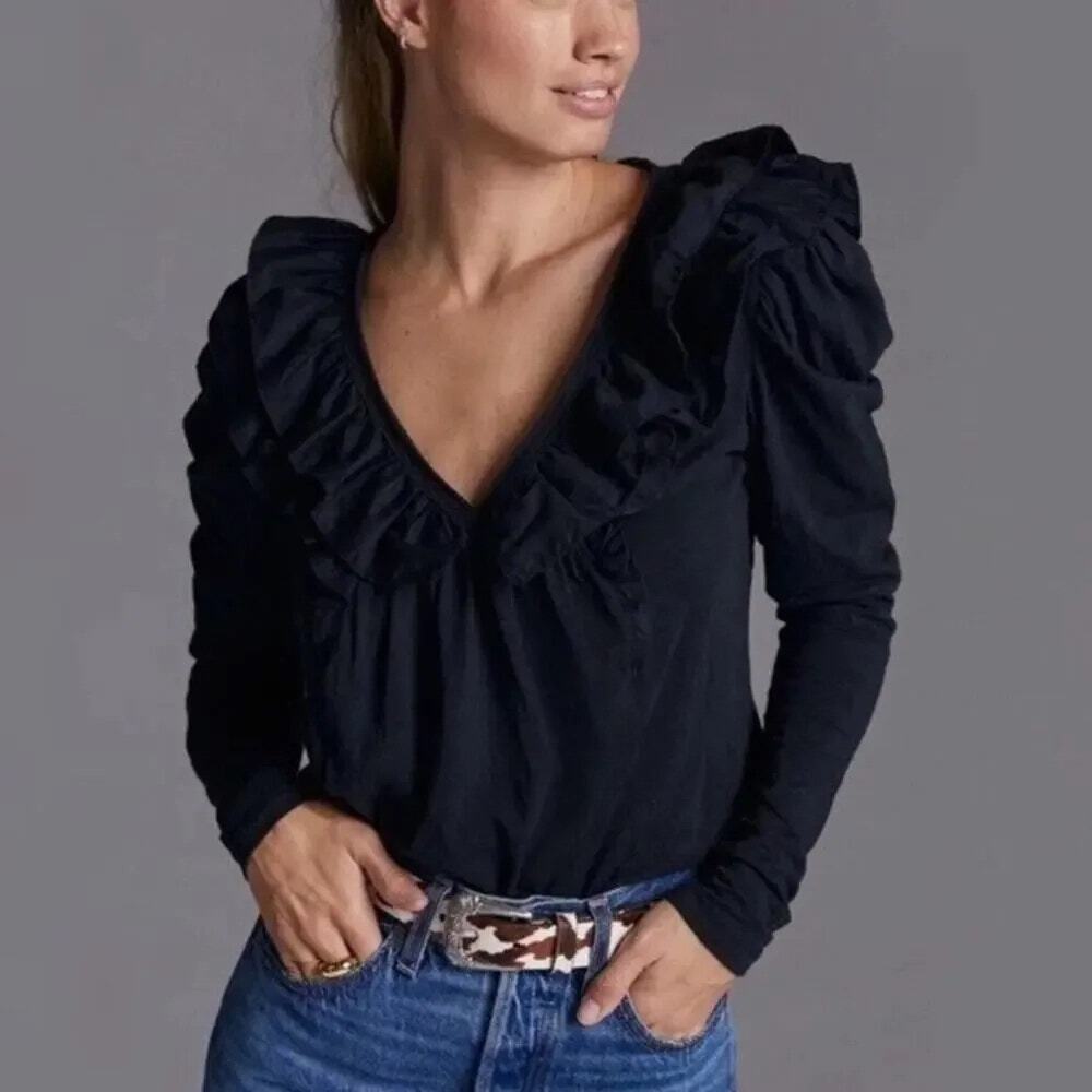 By Anthropologie Slub Jersey Top M Black Ruffle V-Neck Mutton Puff Sleeve Goth